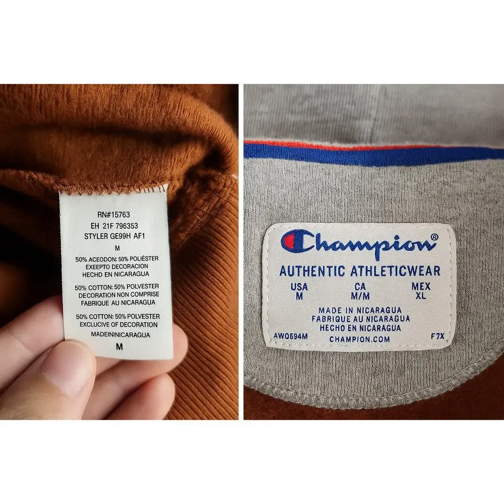 Champion Hoodie Men’s Medium Brown Logo Pullover Sweatshirt Cotton Blend Winter - Picture 7 of 9